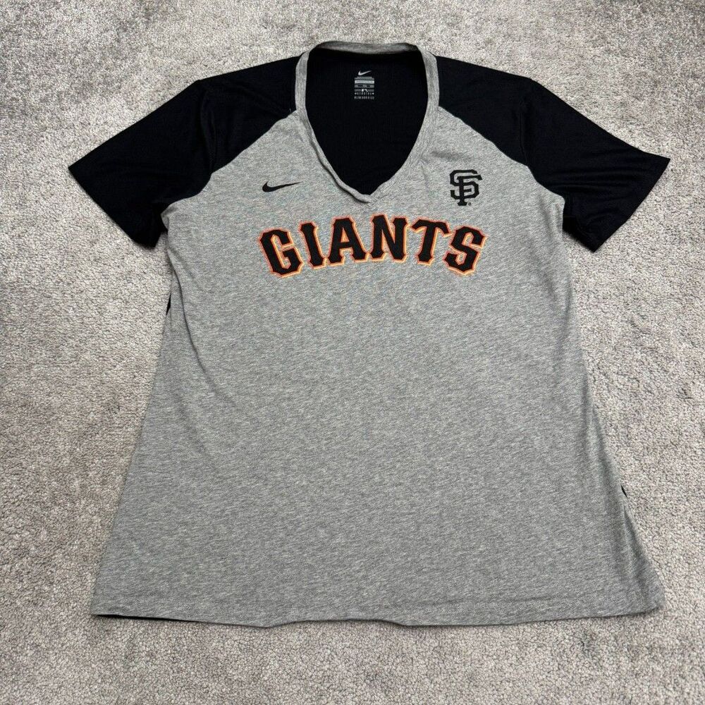 Nike MLB San Francisco Giants Womens 2XL Gray Black V-Neck Raglan T-Shirt Tee